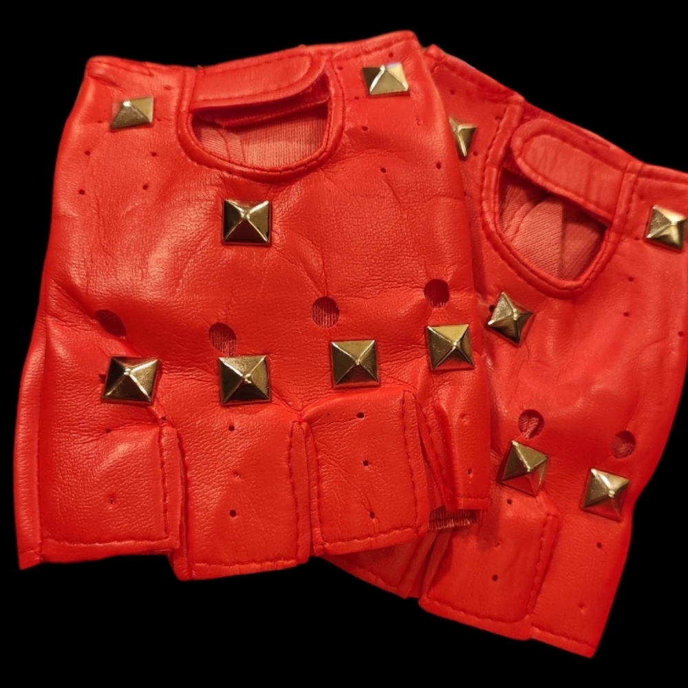 Steampunk festival  fingerless sliver studs Red.Mens gloves. - Picture 4 of 4